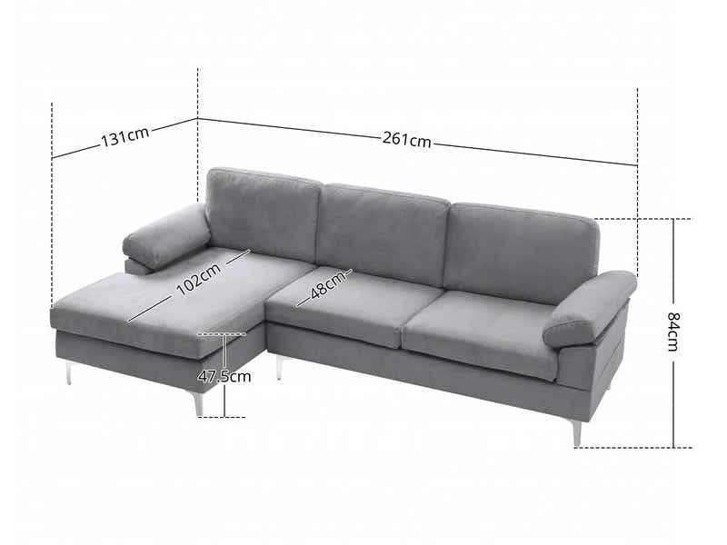 DS Pauline Velvet Sectional Sofa with Left Chaise Grey