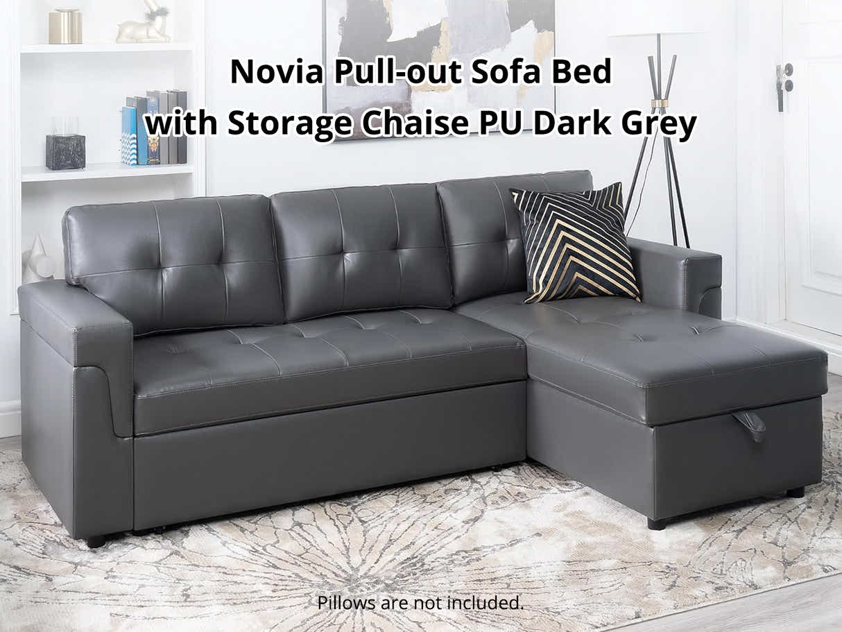 Novia Pull-out Sofa Bed with Storage Chaise PU - Dark Grey