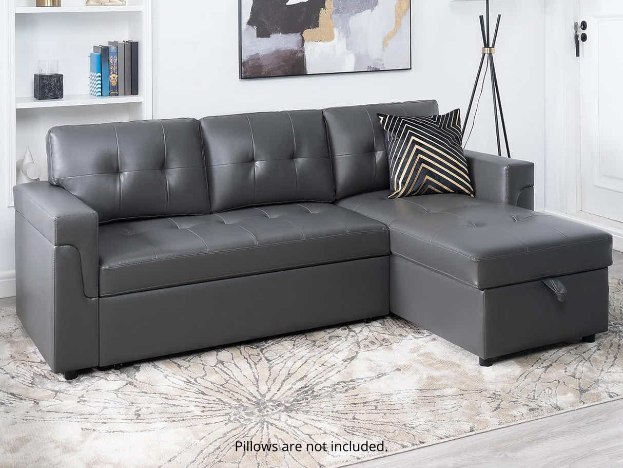 Novia Pull-out Sofa Bed with Storage Chaise PU - Dark Grey