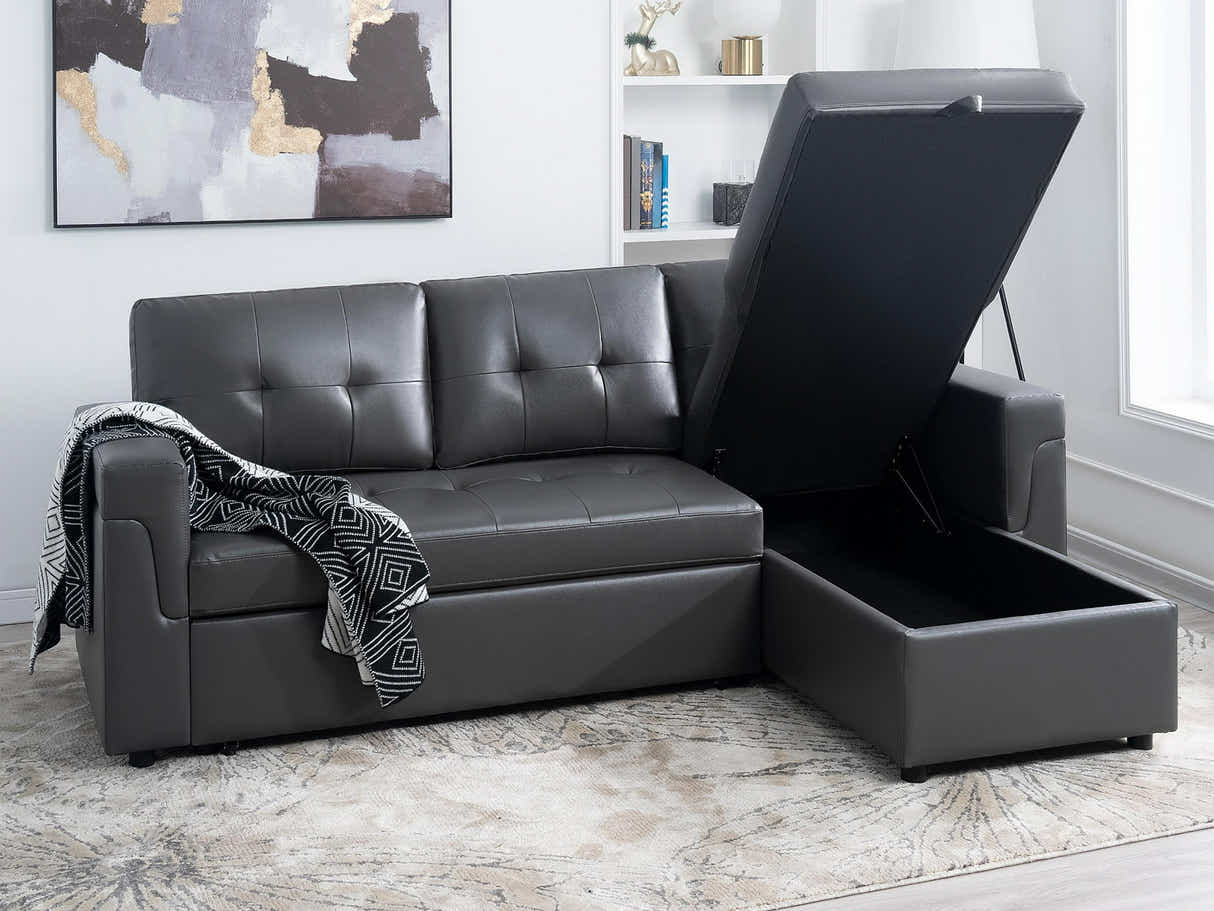Novia Pull-out Sofa Bed with Storage Chaise PU - Dark Grey