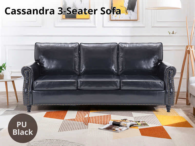 Cassandra 3-seater Sofa PU - Black