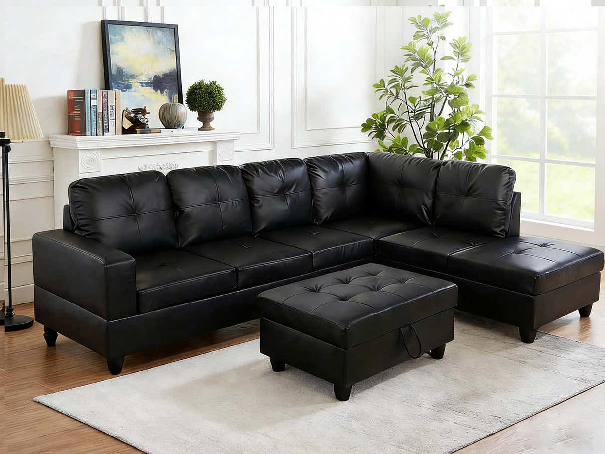 Vega Sectional Sofa with Ottoman PU - Black