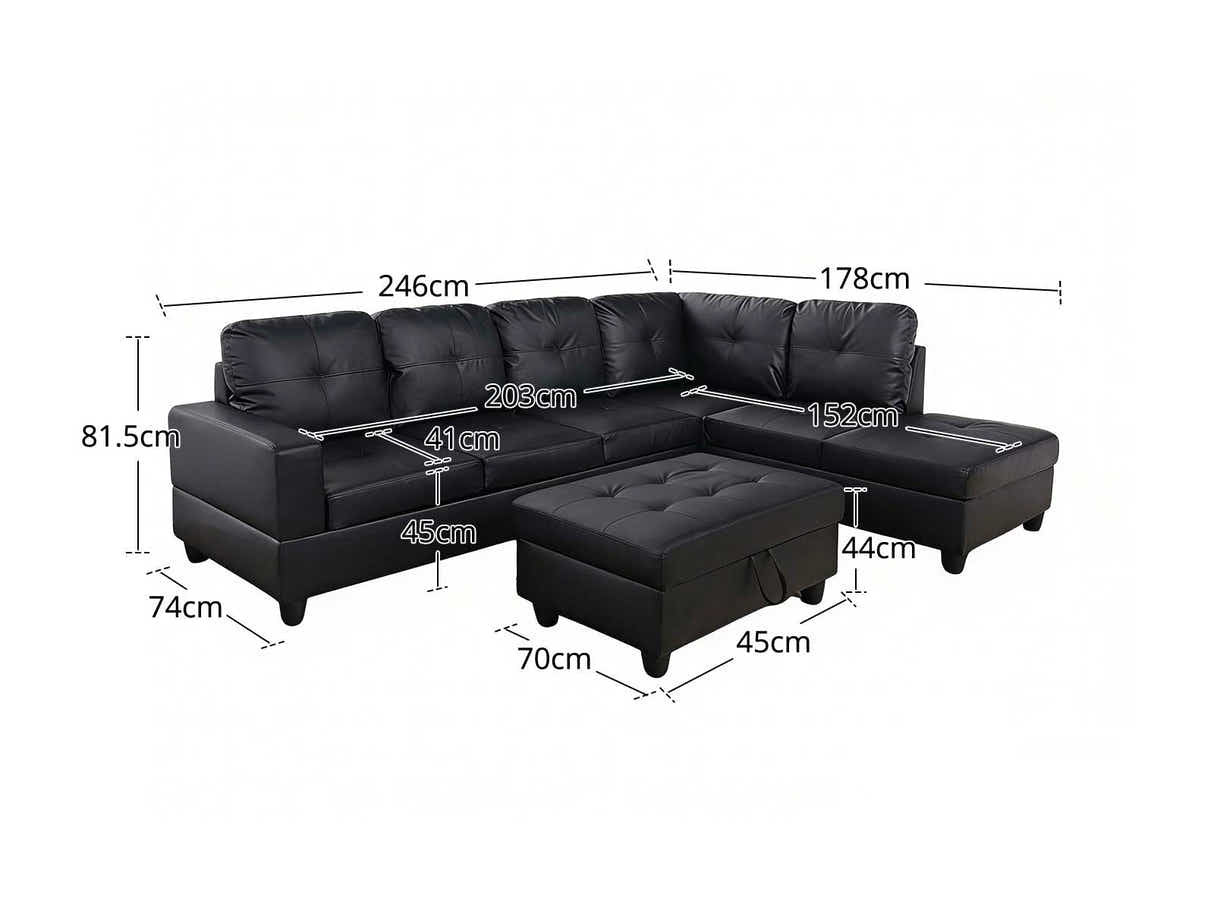 Vega Sectional Sofa with Ottoman PU - Black