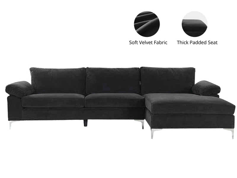 New Ronni Sectional Sofa with Right Chaise Velvet Black