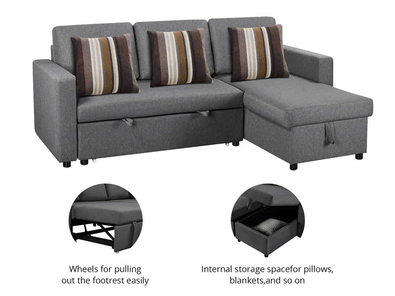Corey Pull Out Sofa Bed with Pillows - Grey