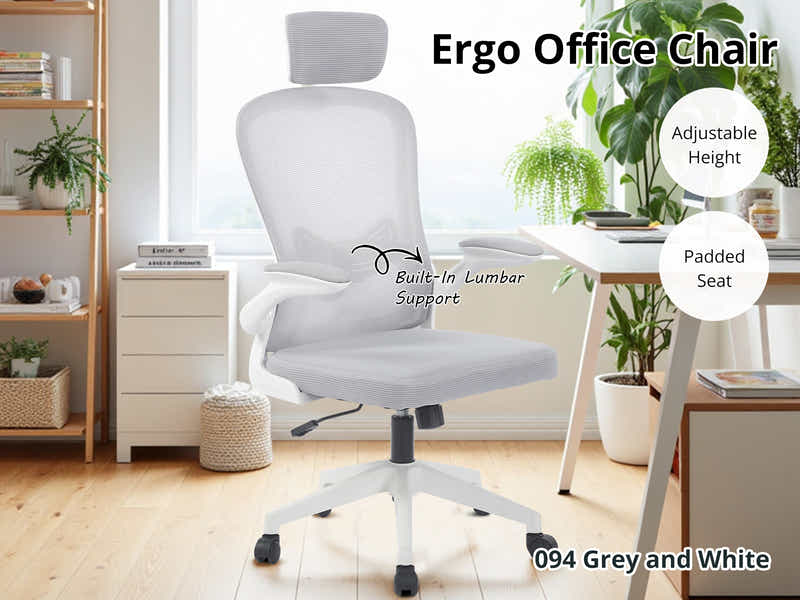 Home Office Desk with Storage Grey & Ergo Office Chair 094 grey and white (Combo)