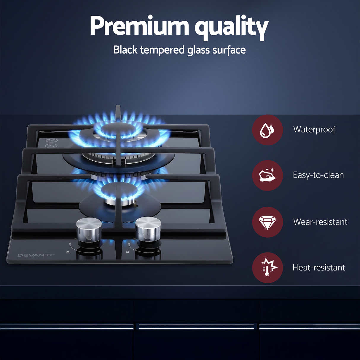 DS NA Devanti Gas Cooktop 30cm 2 Burner Built-in Stove Glass Cook Top NG LPG