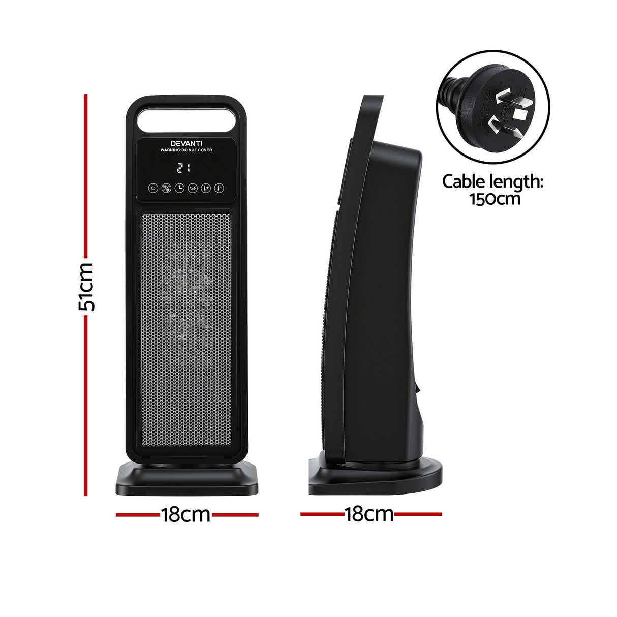 DS NA Devanti 2000W Ceramic Tower Heater Space Heaters Indoor Oscillating Black