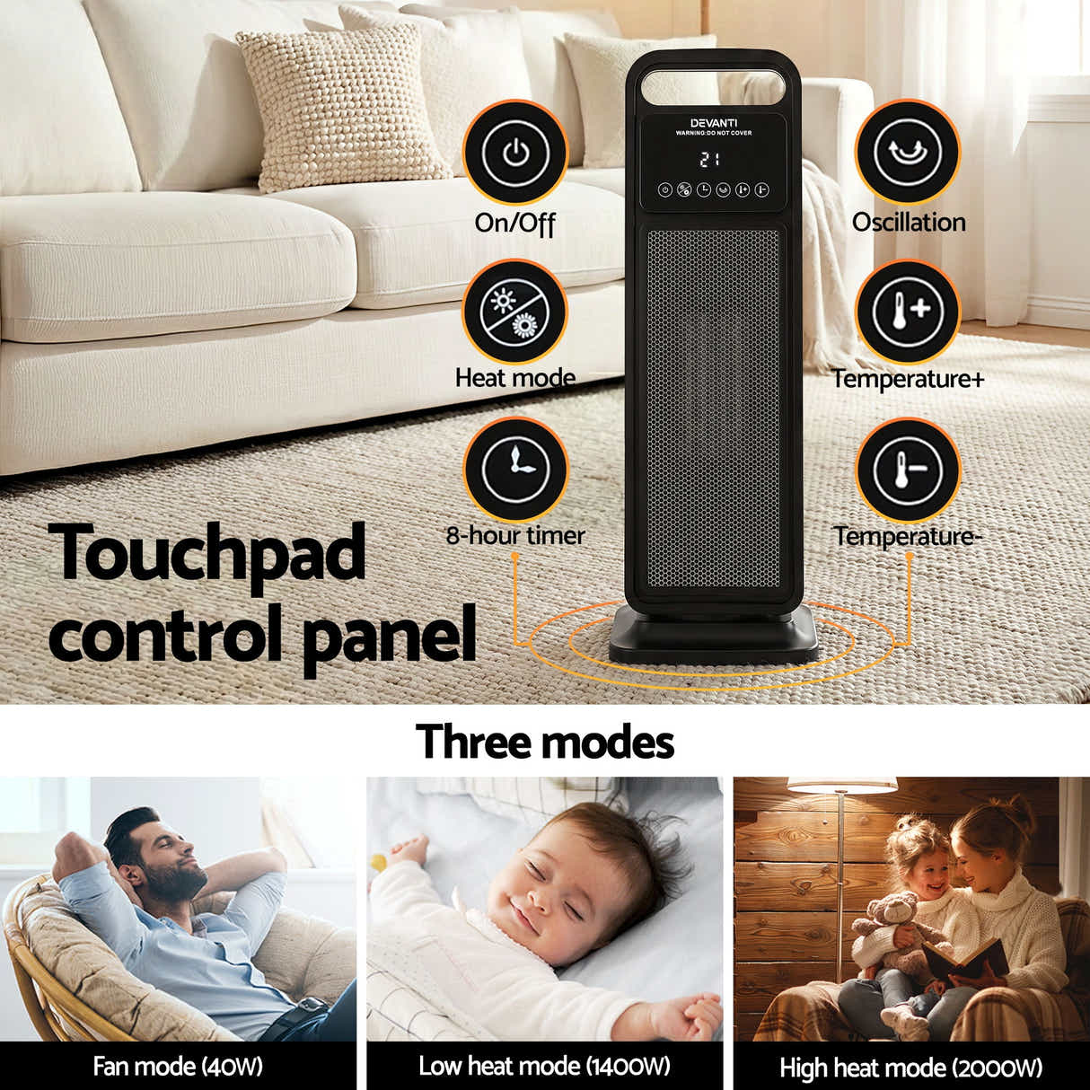 DS NA Devanti 2000W Ceramic Tower Heater Space Heaters Indoor Oscillating Black