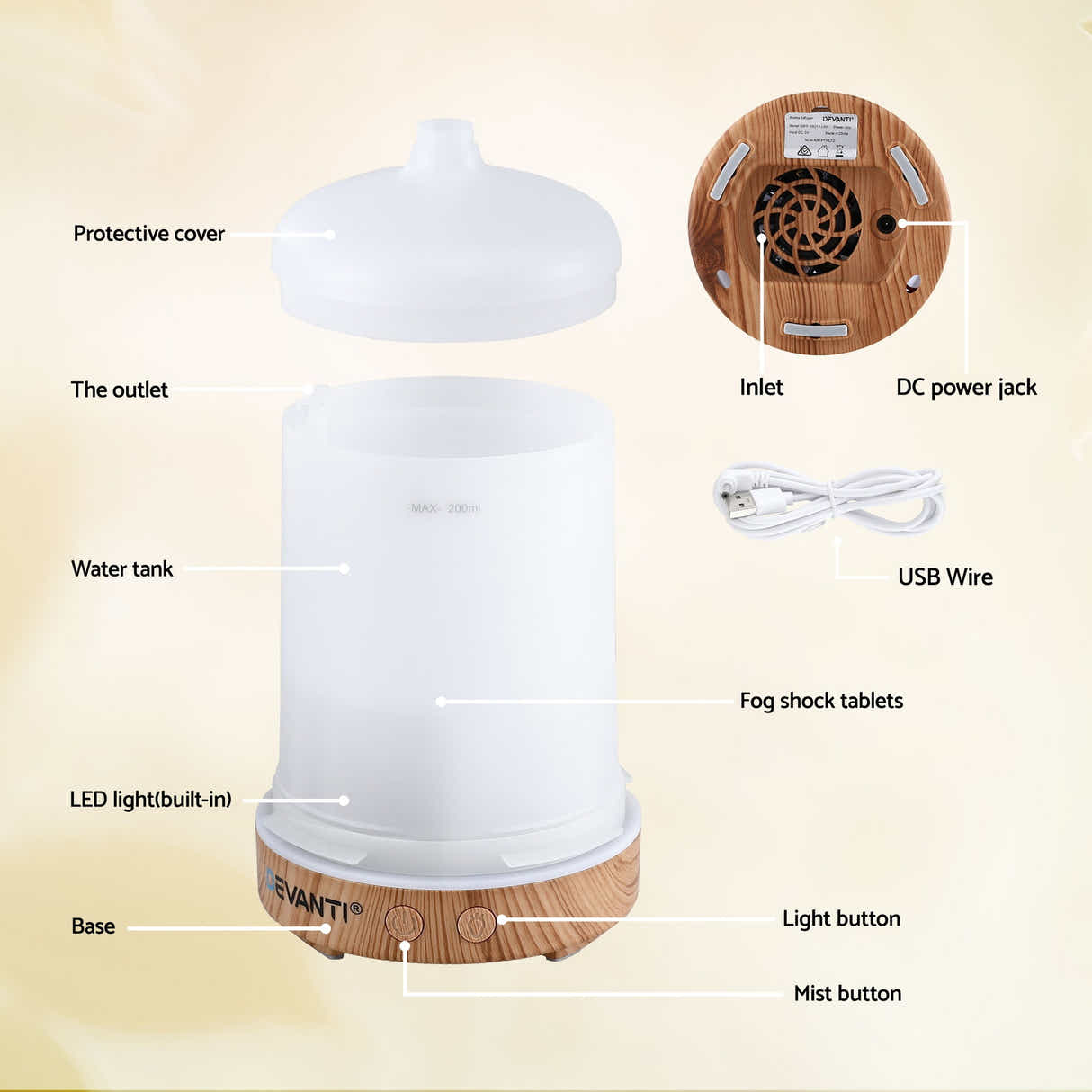 DS NA Devanti Ultrasonic Aroma Diffuser Aromatherapy 200ml LED Lights