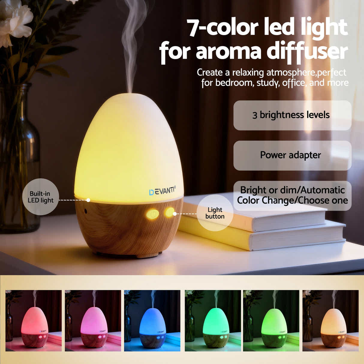 DS NA Devanti Ultrasonic Aroma Diffuser Aromatherapy 130ml LED Lights