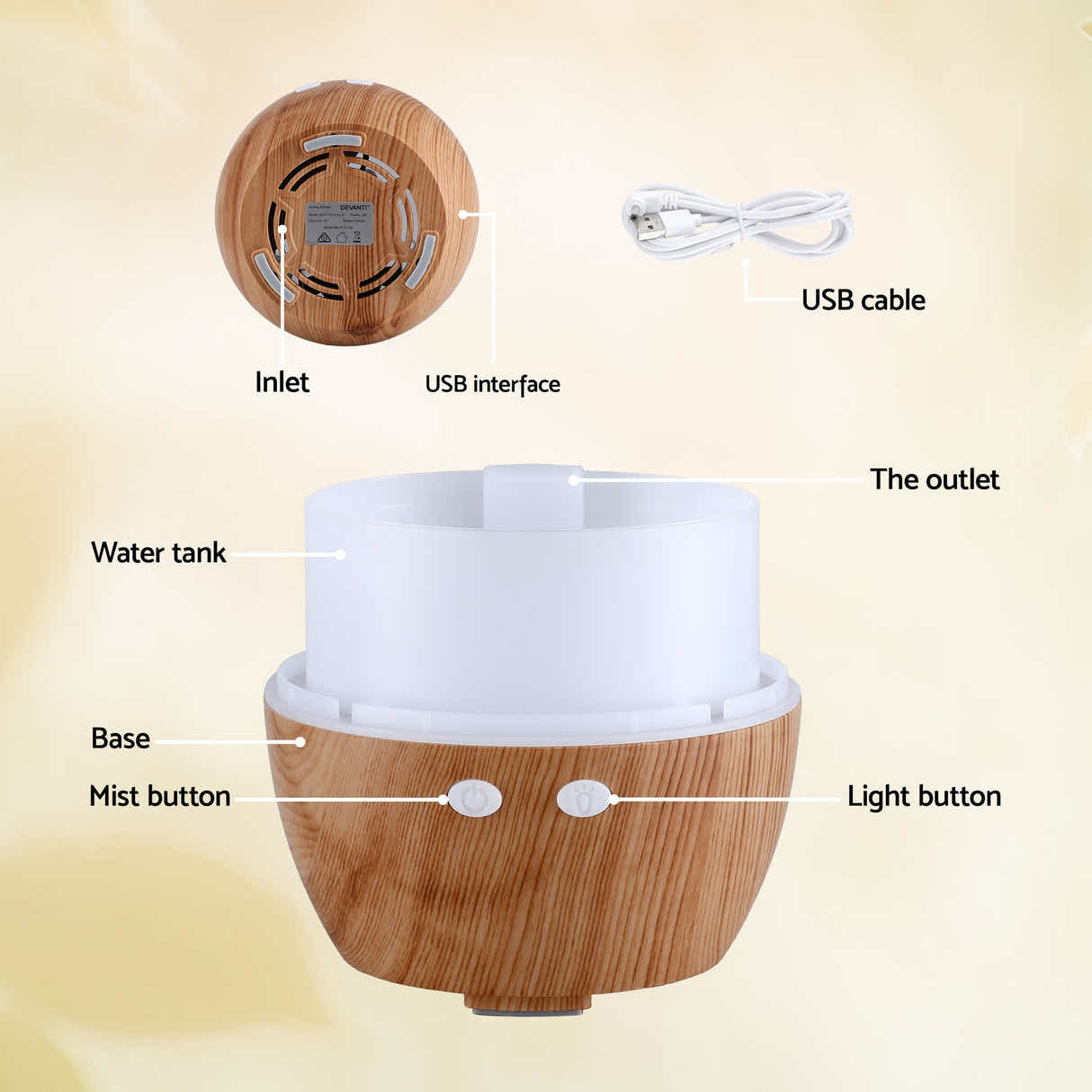 DS NA Devanti Ultrasonic Aroma Diffuser Aromatherapy 130ml LED Lights