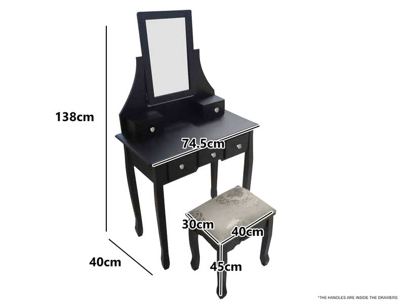 Dressing Table with Stool Black - 74.5 cm