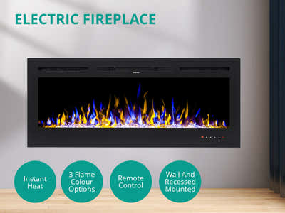 50" Electric Fireplace with Remote & Crystals - Wall Mount/Recessed