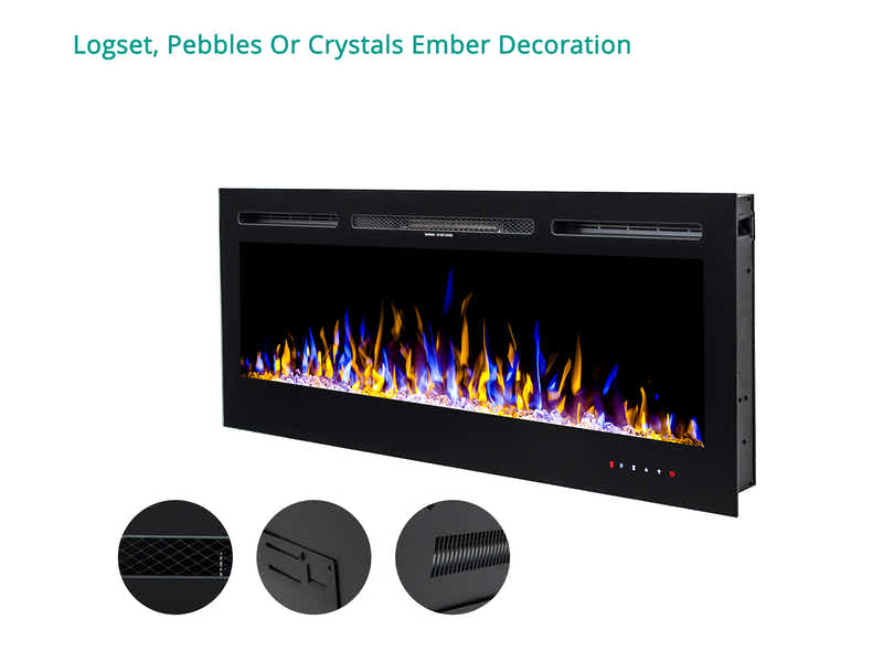 50" Electric Fireplace with Remote & Crystals - Wall Mount/Recessed