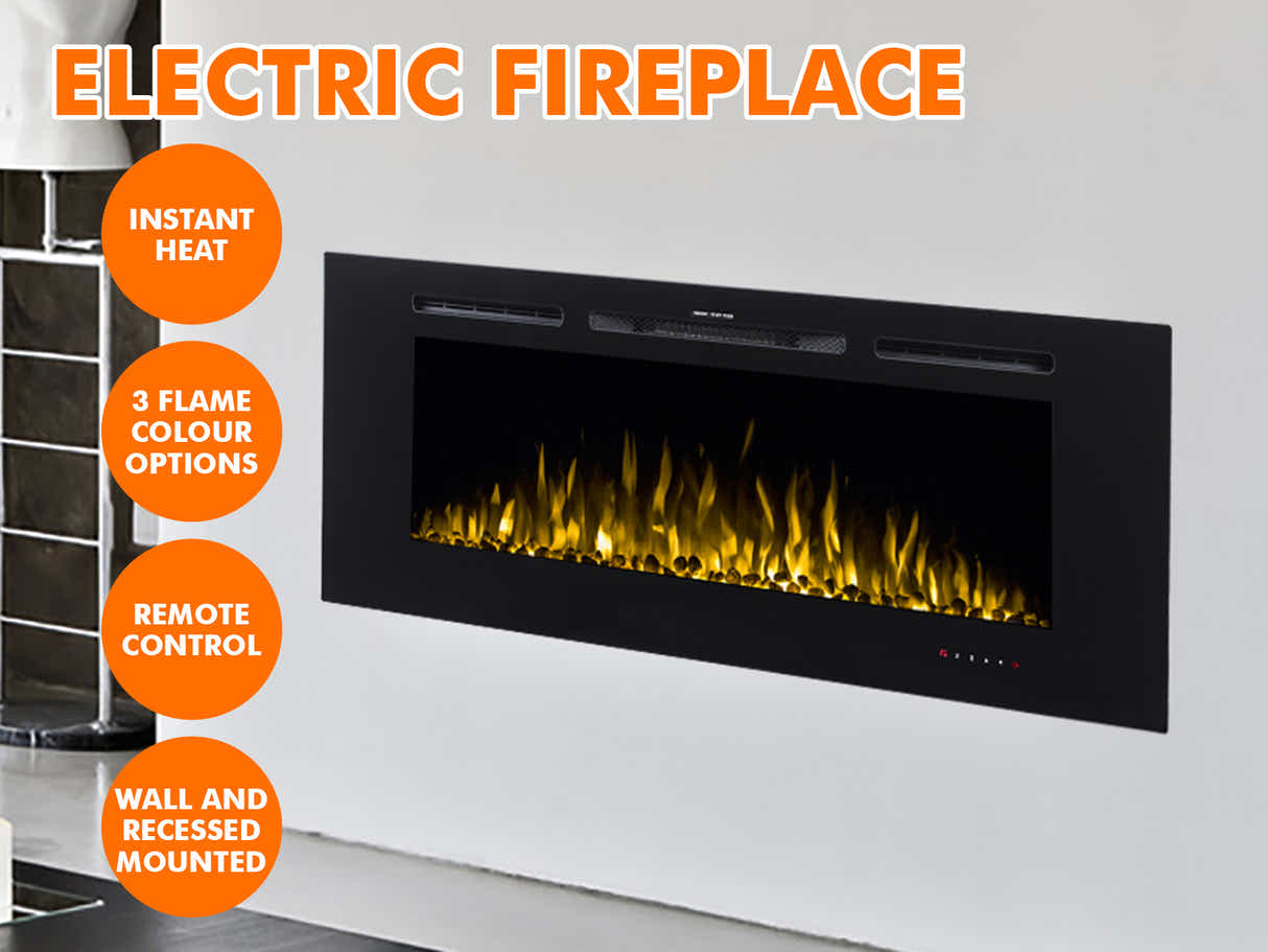 60" Electric Fireplace with Remote & Pebbles - Wall Mount/Recessed