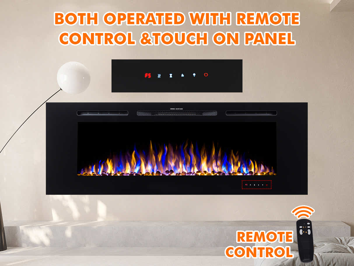 60" Electric Fireplace with Remote & Pebbles - Wall Mount/Recessed