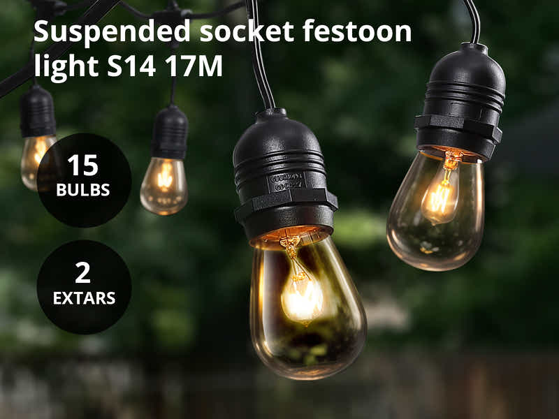 Suspended Socket Festoon Lights with Tungsten Bulbs - 17 m