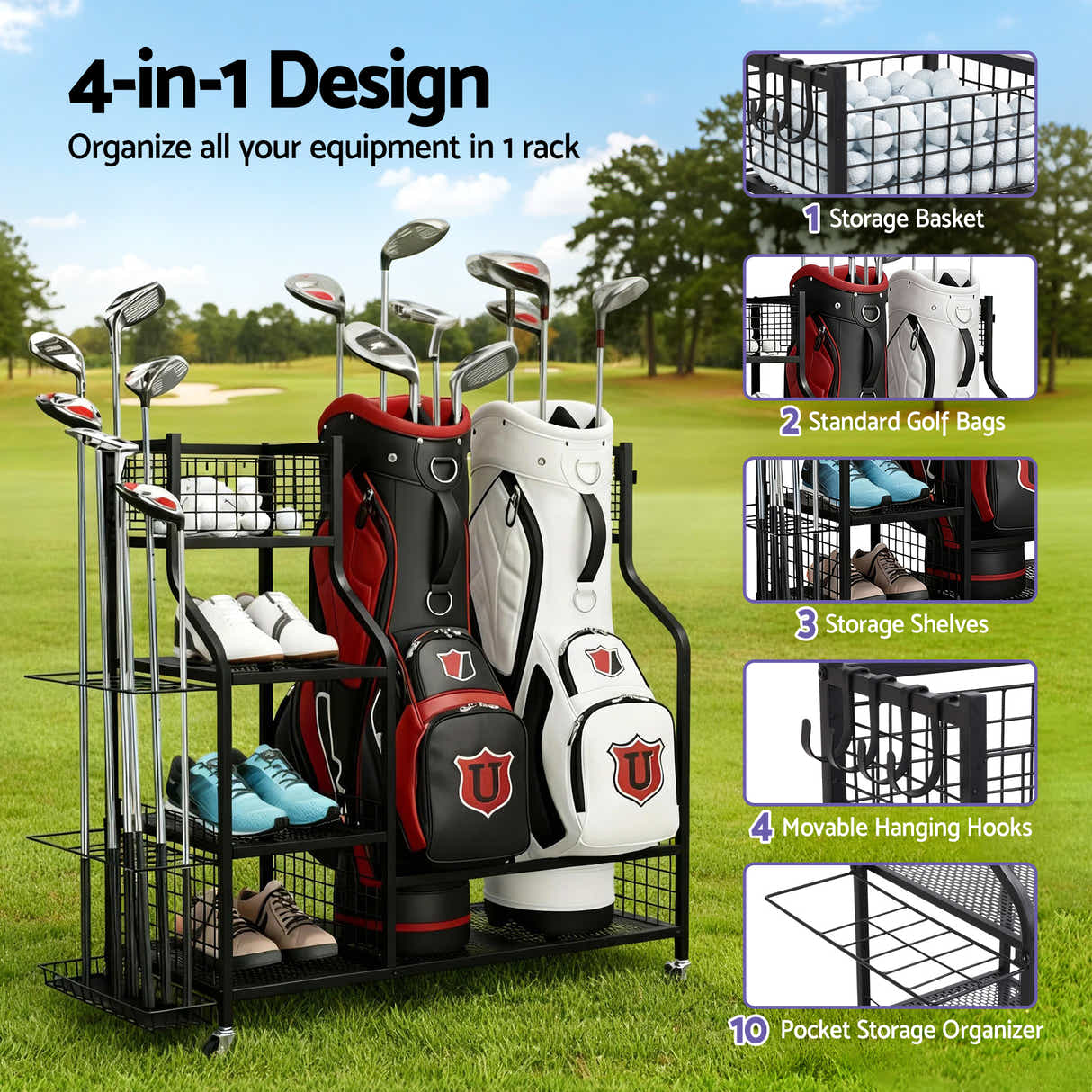 DS NA Everfit Golf Bag Storage Golf Storage Garage Organizer with Wheels Black