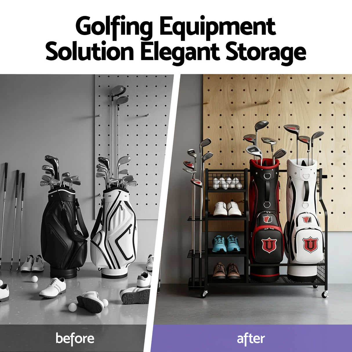 DS NA Everfit Golf Bag Storage Golf Storage Garage Organizer with Wheels Black