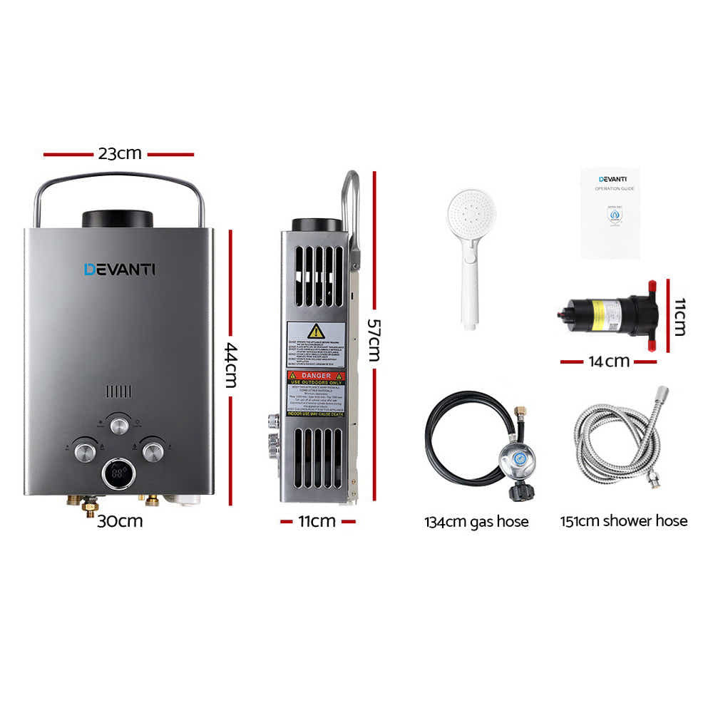 DS NA Devanti Portable Gas Water Heater With Pump LPG System Grey