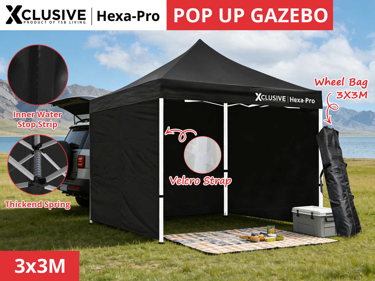 Xclusive Gazebo HEX with Wheel Bag 3m x 3m - Black