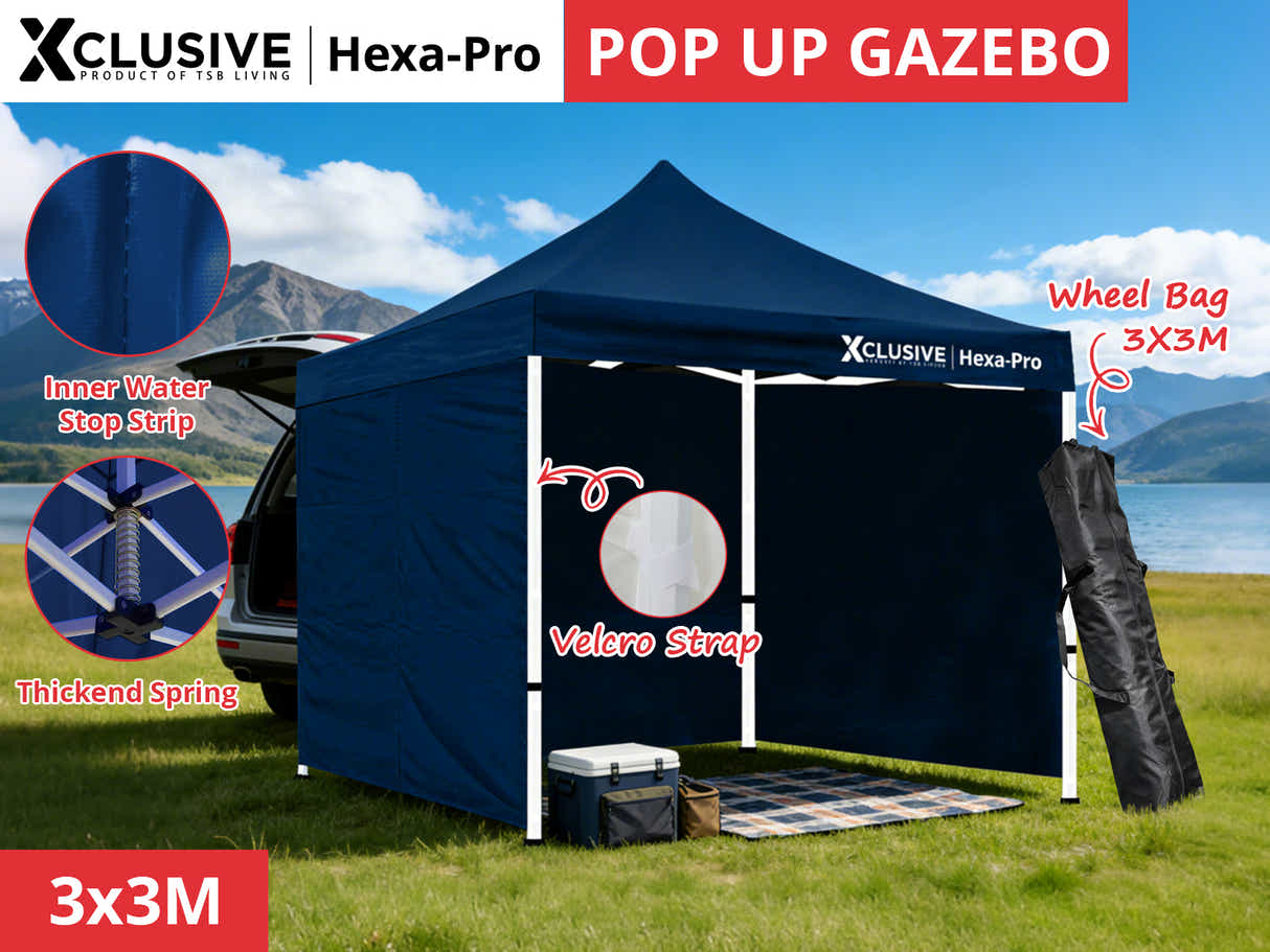 Xclusive Gazebo HEX with Wheel Bag 3m x 3m - Navy