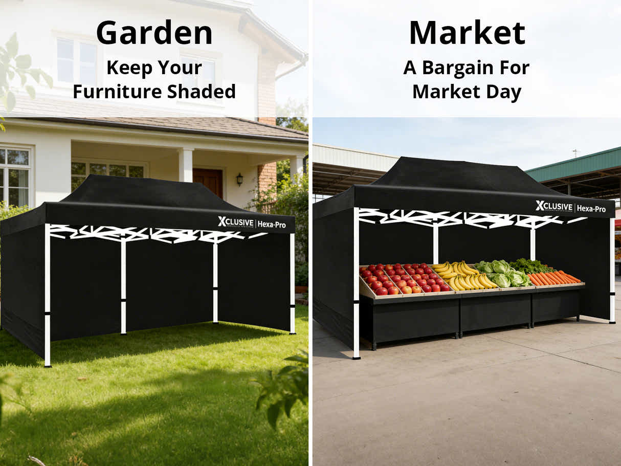 Xclusive Gazebo D HEX 3x6m set BLACK with bonus wheel bag