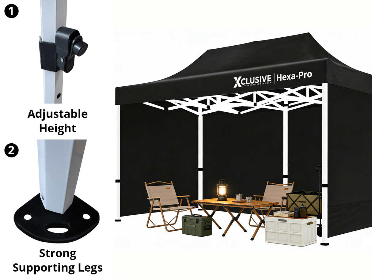 Xclusive Gazebo D HEX 3x6m set BLACK with bonus wheel bag