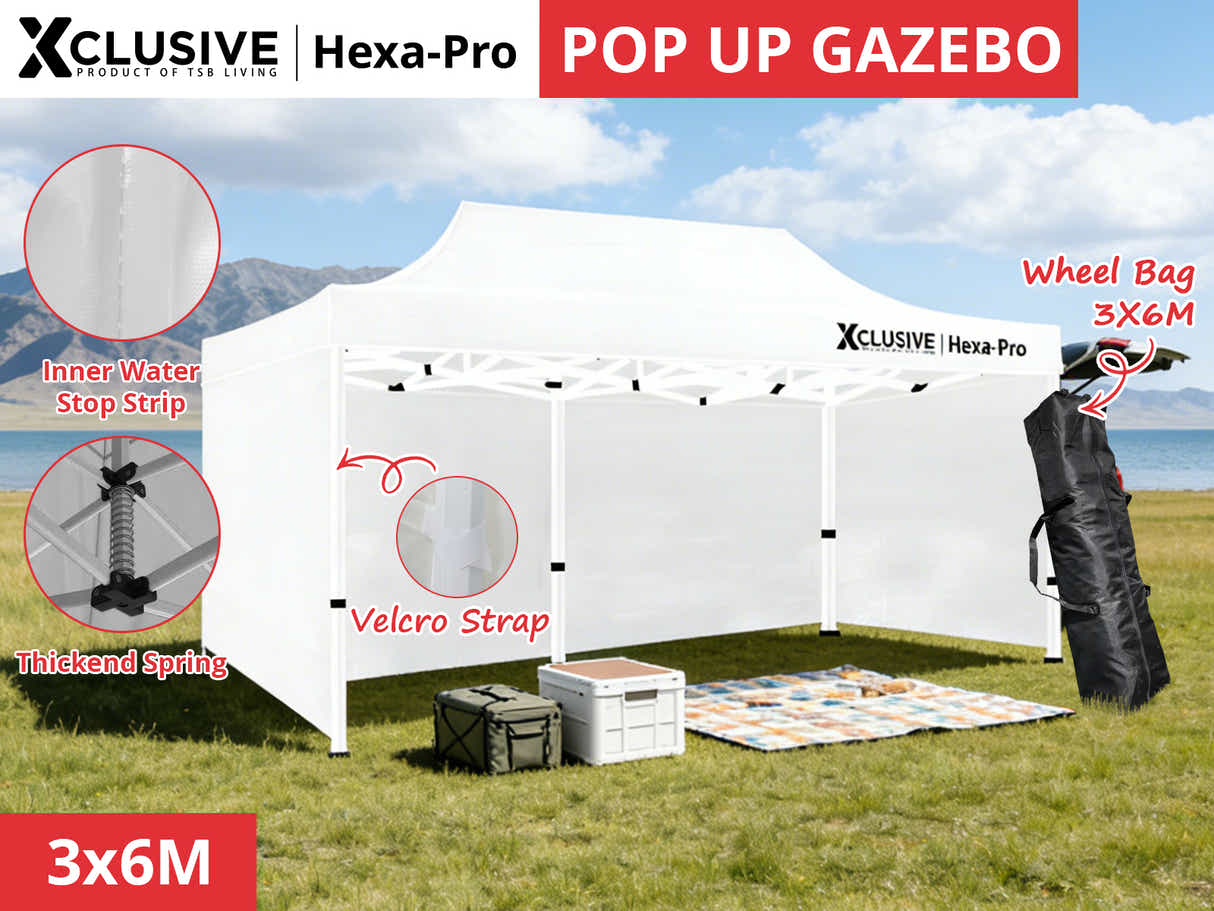 Xclusive Gazebo HEX with Wheel Bag 3m x 6m - White