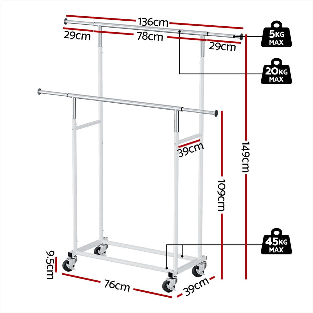 DS NA Artiss Clothes Rack Double Rod Airer Rail Coat Stand Adjustable Hanger Sw