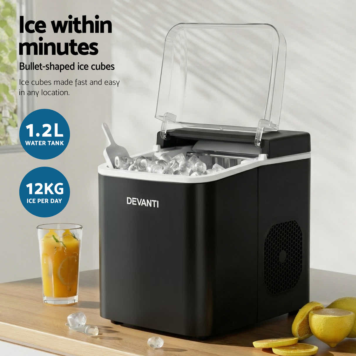 DS NA Devanti Ice Maker Machine Portable 12kg Countertop w/Self Cleaning 1.2L Bl