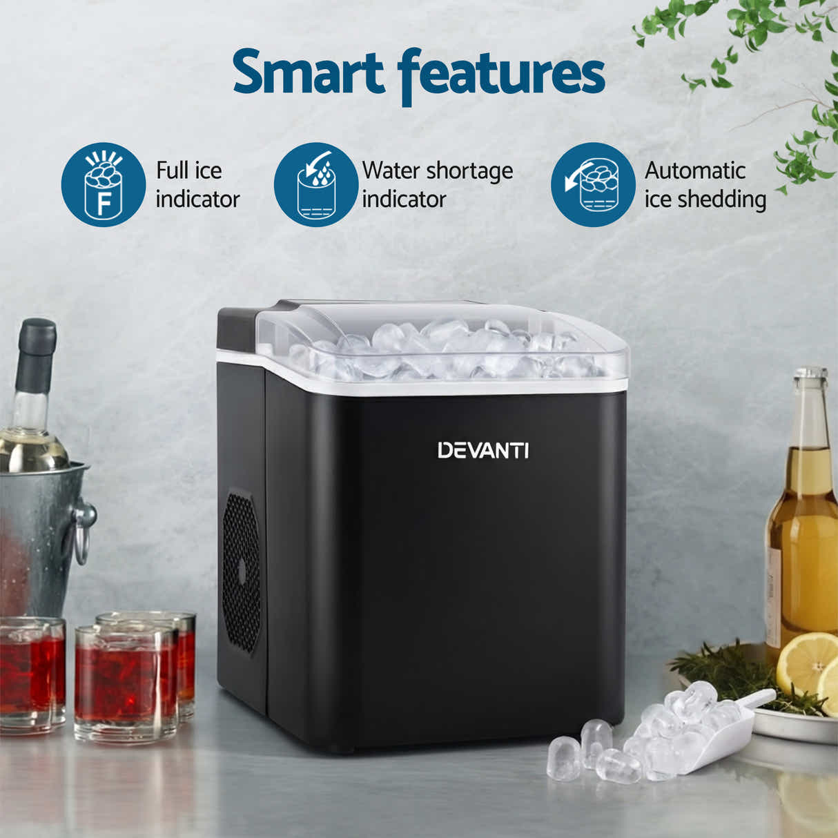 DS NA Devanti Ice Maker Machine Portable 12kg Countertop w/Self Cleaning 1.2L Bl