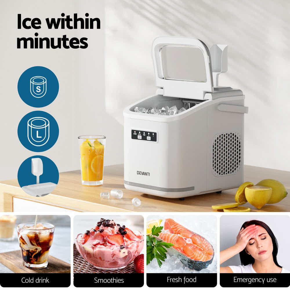 DS NA Devanti Ice Maker Machine Portable 12kg Countertop w/Self Cleaning 1.3L Wh