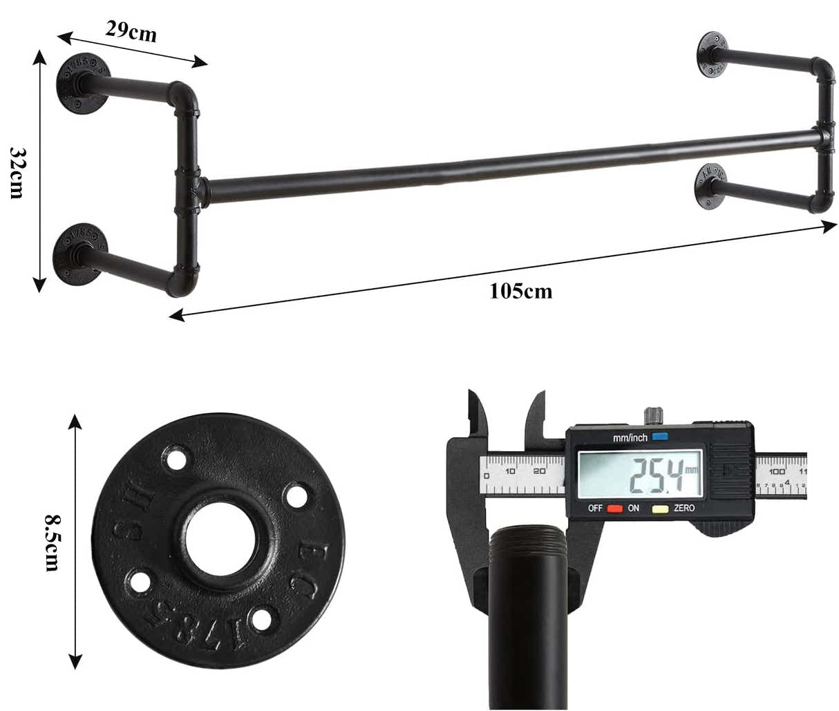 DS BS Industrial Pipe Garment Bar - 105CM