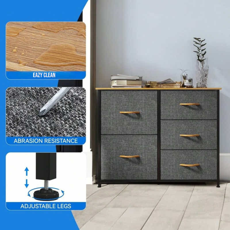 DS BS 5 Drawers Steel Frame Fabric Storage Chest-Dark Gray