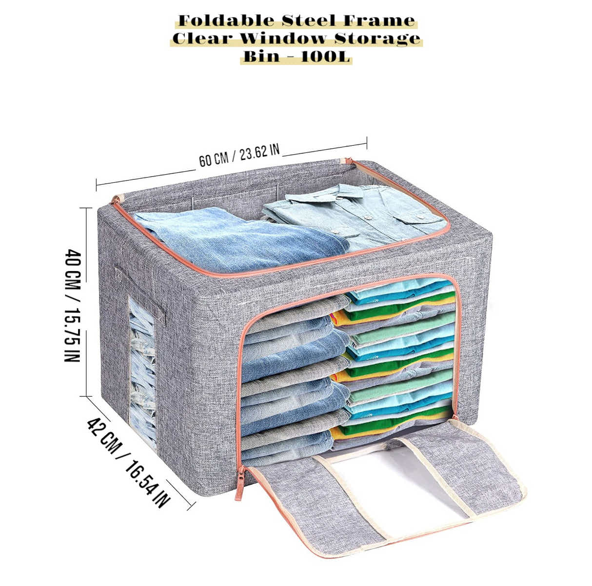 DS BS 2PCS Foldable Steel Frame Clear Window Storage Bins Box-100L