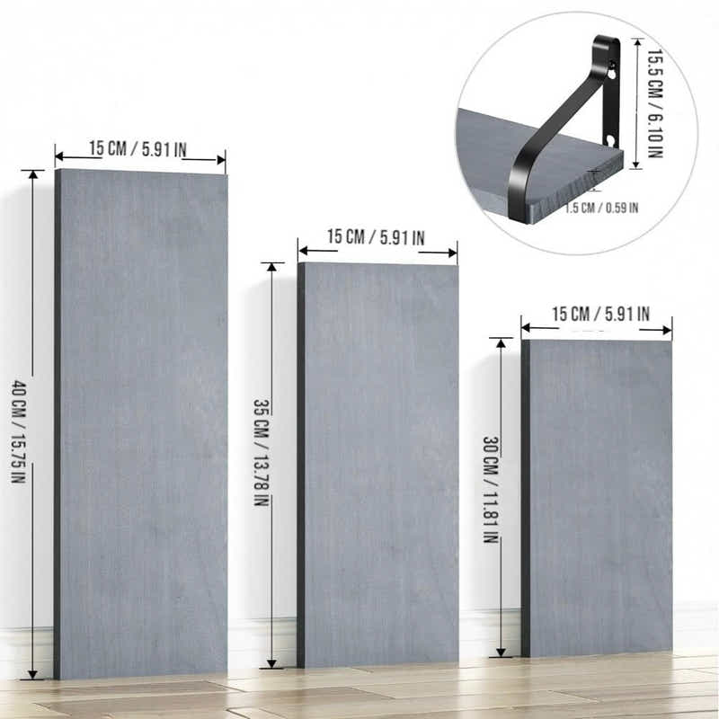 DS BS Floating Shelves Wall Mounted Set of 3-Grey