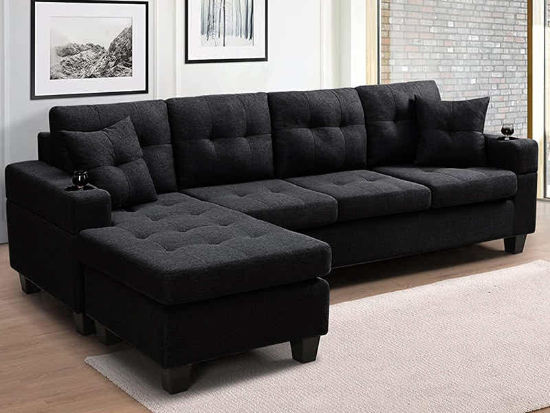 New Marcia Sectional Sofa with Chaise Linen Black