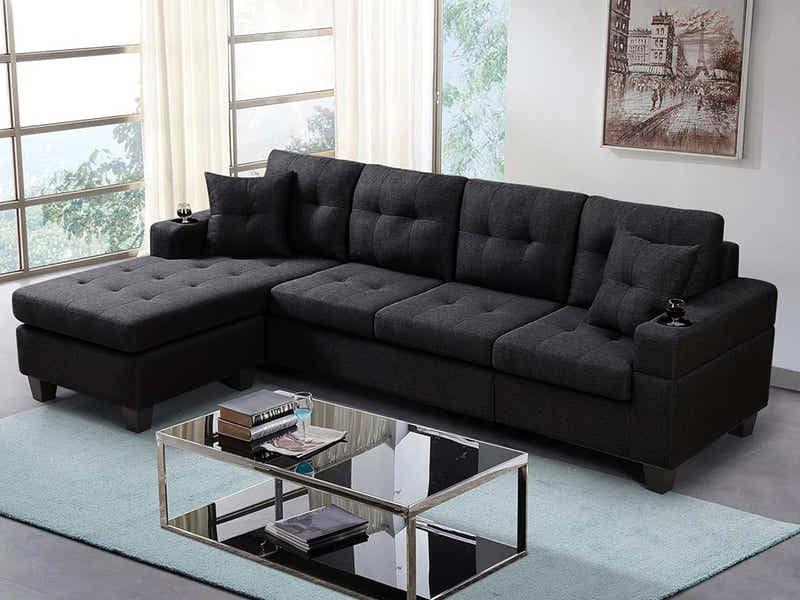 New Marcia Sectional Sofa with Chaise Linen Black
