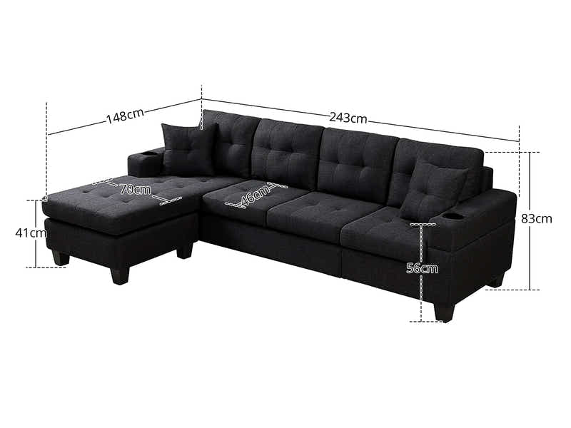 New Marcia Sectional Sofa with Chaise Linen Black
