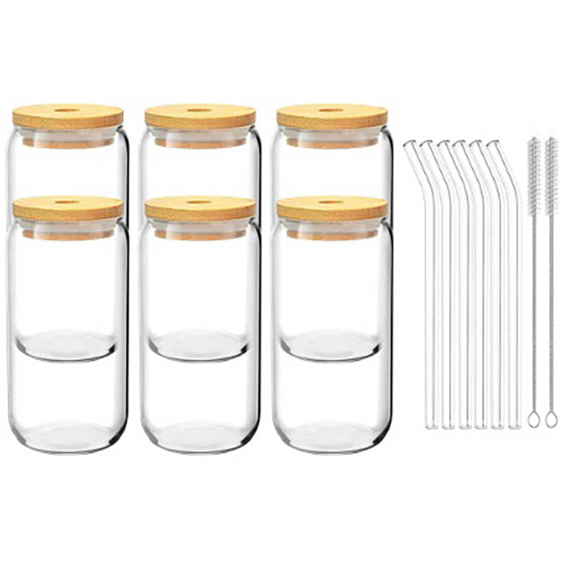 DS BS 6 Pack Drinking Glass Cup with Bamboo Lid and Straw Set