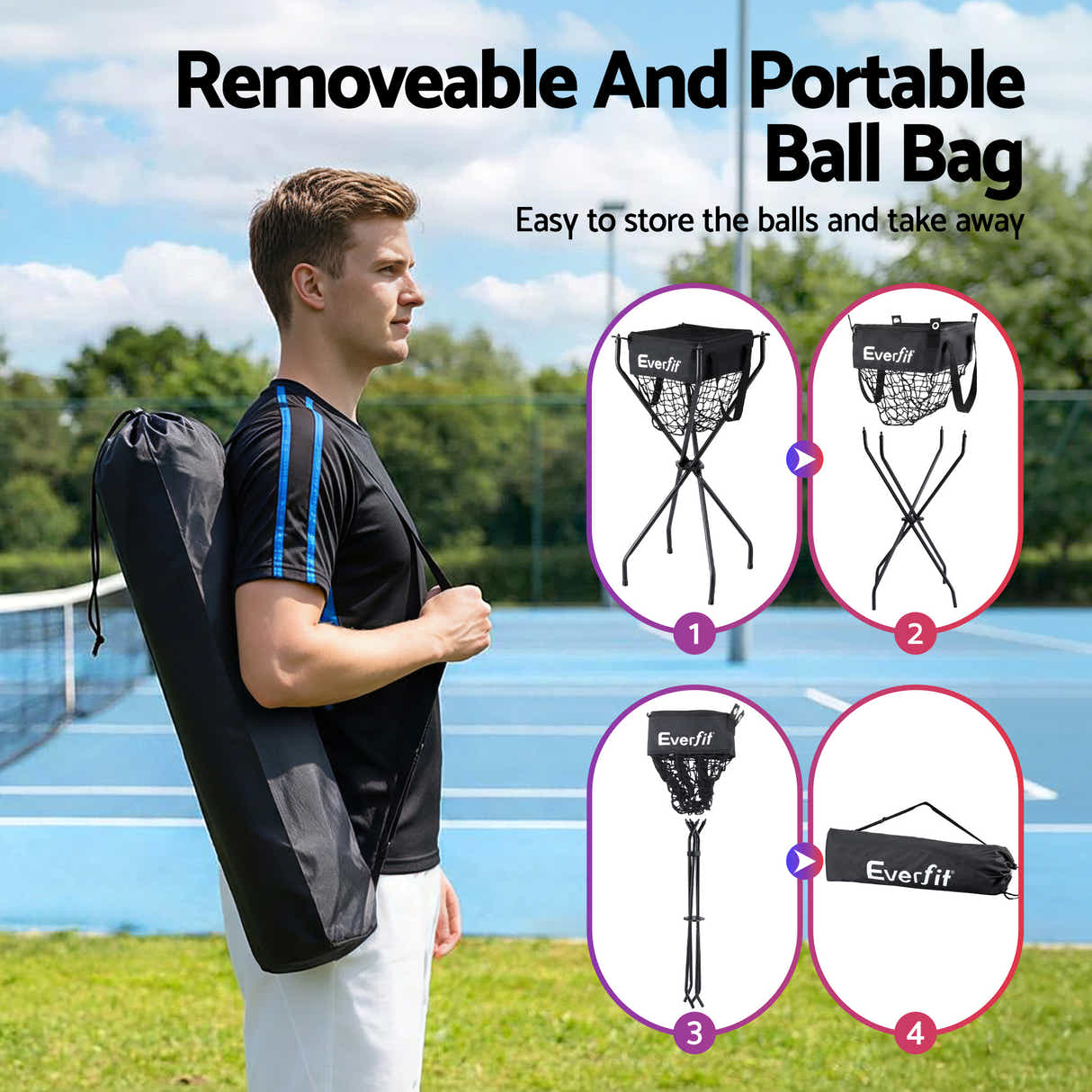 DS NA Everfit Portable Ball Cart Foldable Pickleball Tennis Baseball Softball