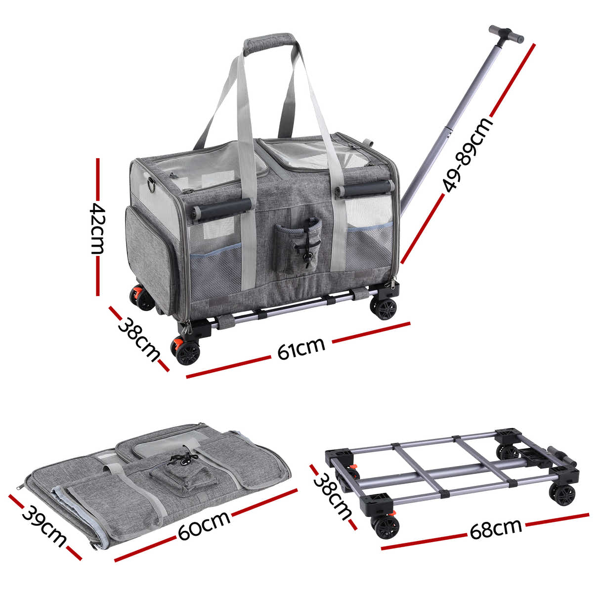 DS NA i.Pet Pet Carrier Swivel Wheels Foldable Cat Dog Trolley Stroller Grey