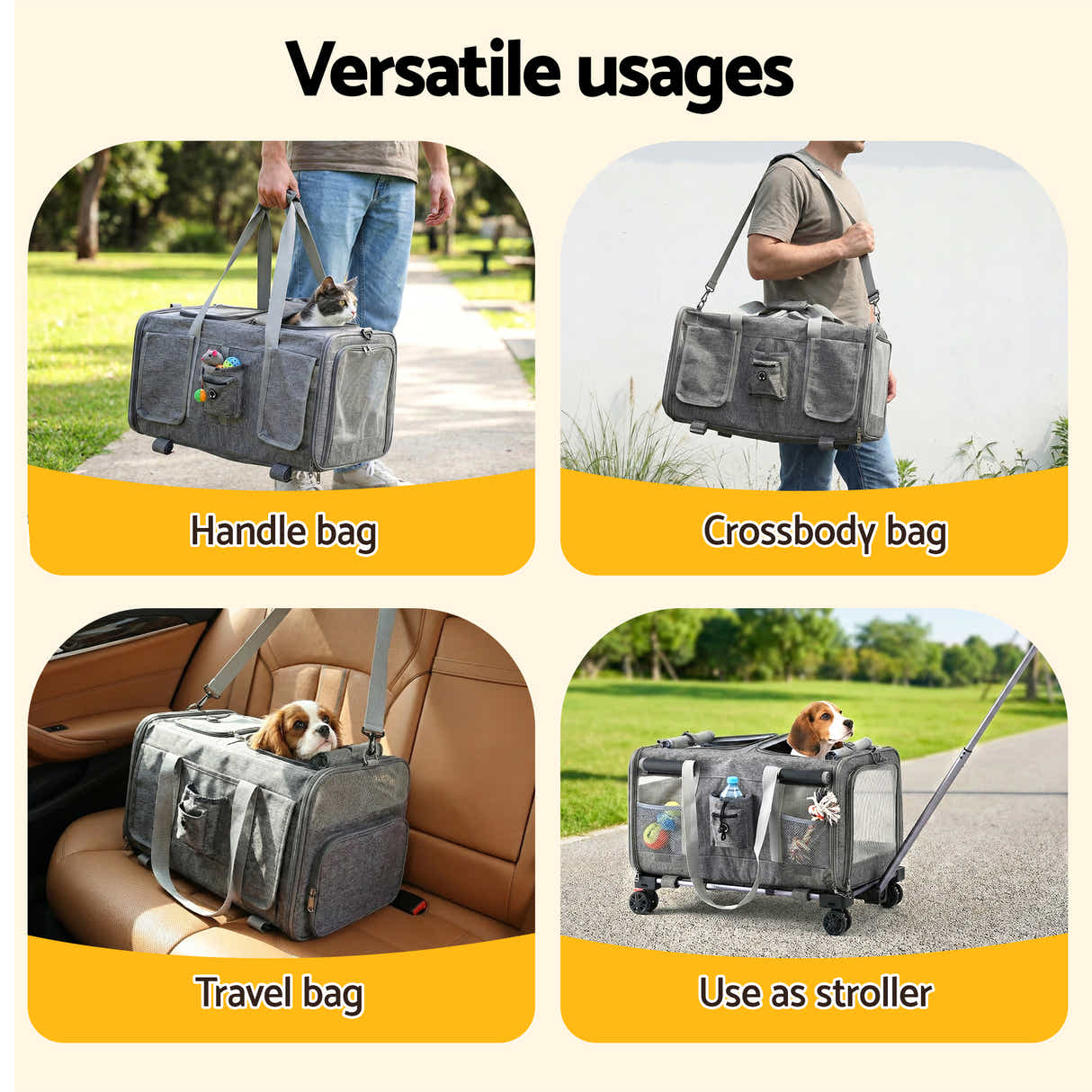 DS NA i.Pet Pet Carrier Swivel Wheels Foldable Cat Dog Trolley Stroller Grey