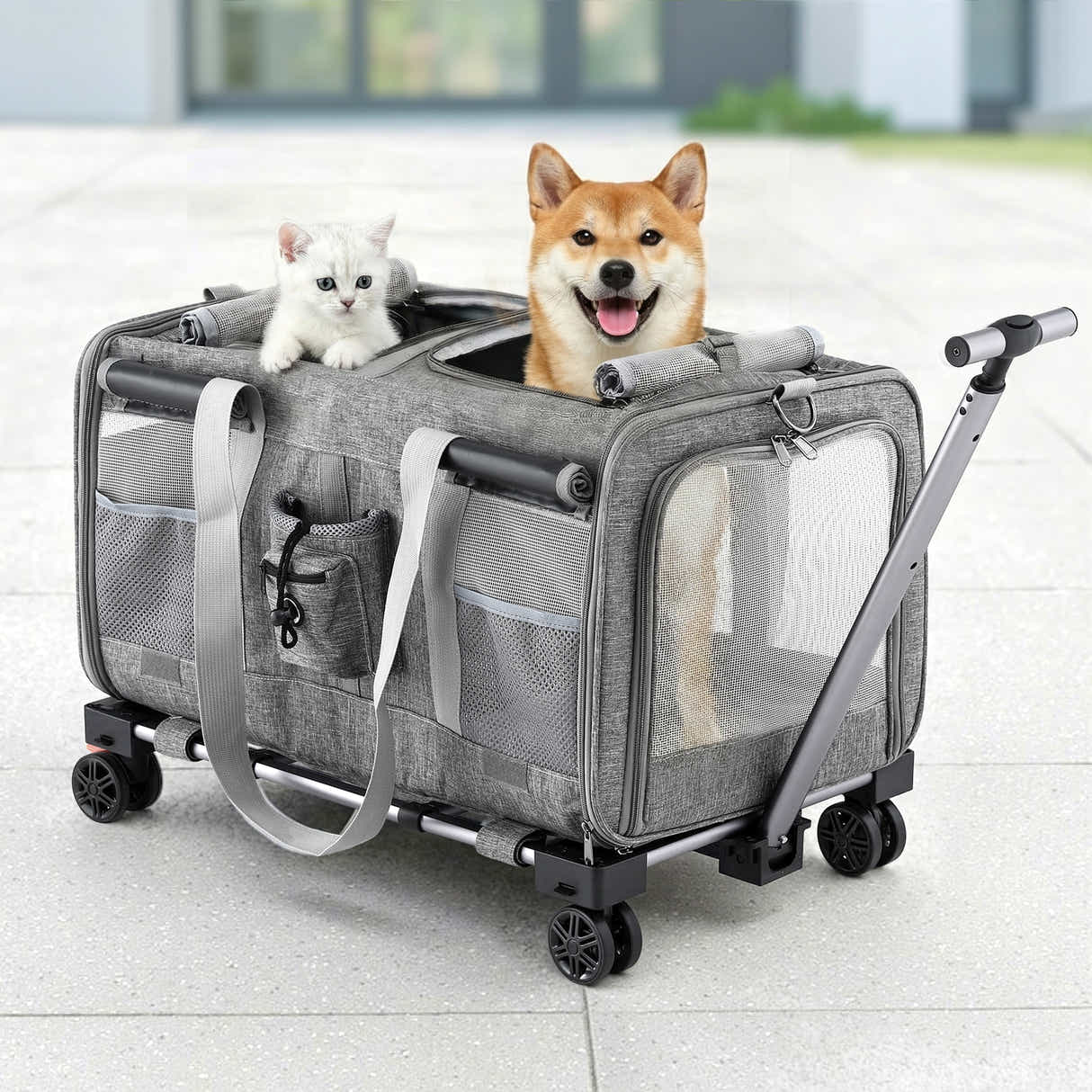 DS NA i.Pet Pet Carrier Swivel Wheels Foldable Cat Dog Trolley Stroller Grey