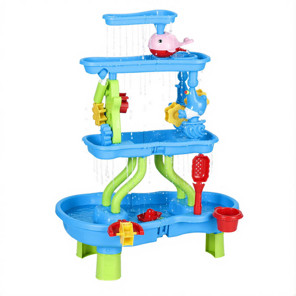 DS NA Keezi Kids Sand and Water Table 4-Tier Waterfall Sandpit Toys Beach Shovel