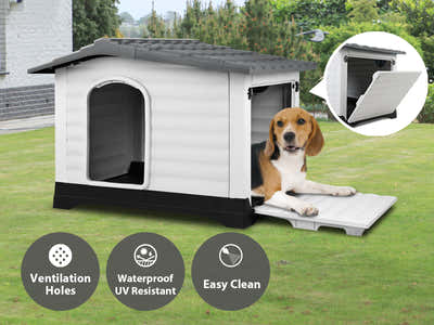 Plastic Dog House with Side Door - Grey