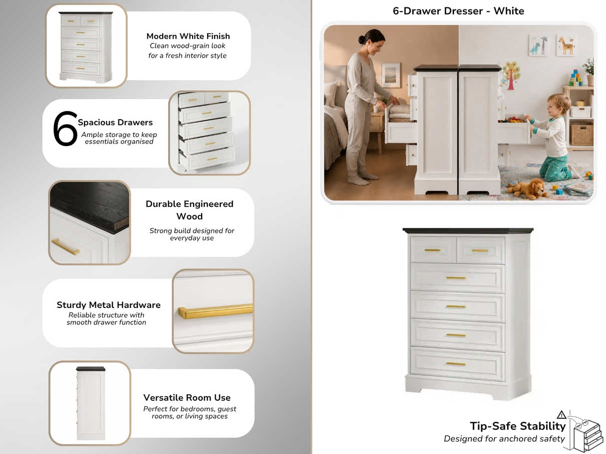 6-Drawer Dresser - White