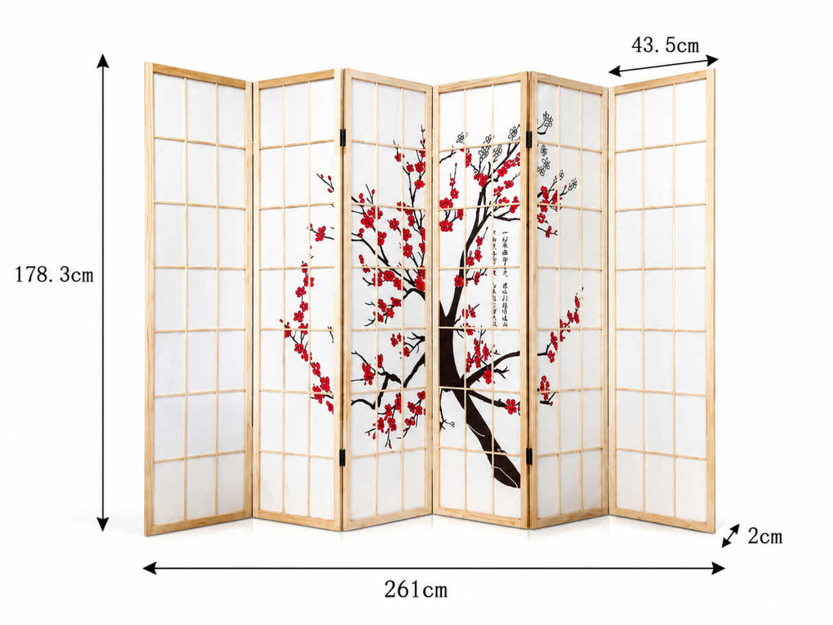 6-Panel Room Divider with Flower Pattern - Natural Wood